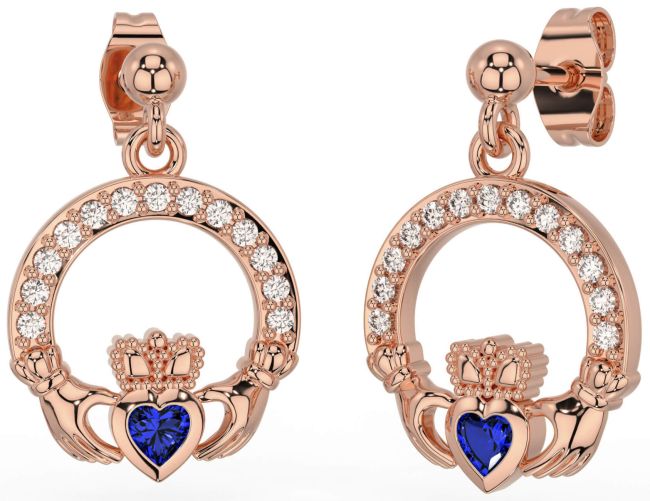 Diamond Sapphire Rose Gold Claddagh Dangle Earrings