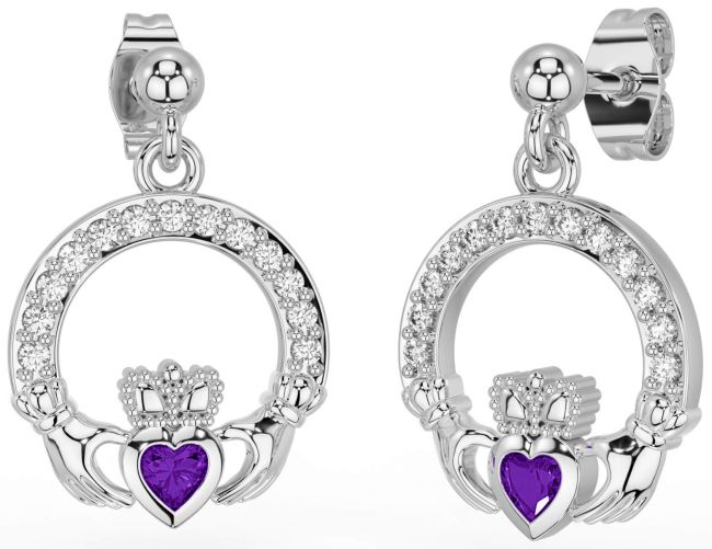 Diamond Amethyst Silver Claddagh Dangle Earrings