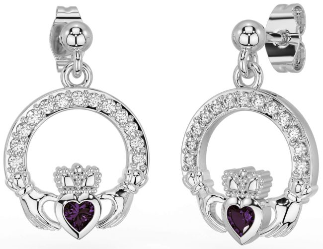 Diamond Alexandrite Silver Claddagh Dangle Earrings