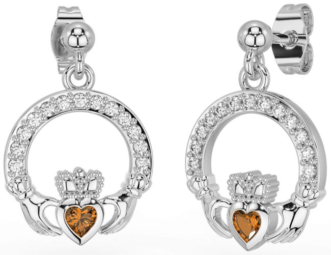 Diamond Citrine Silver Claddagh Dangle Earrings