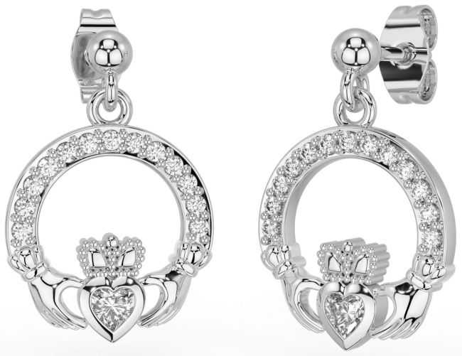 Diamond Silver Claddagh Dangle Earrings