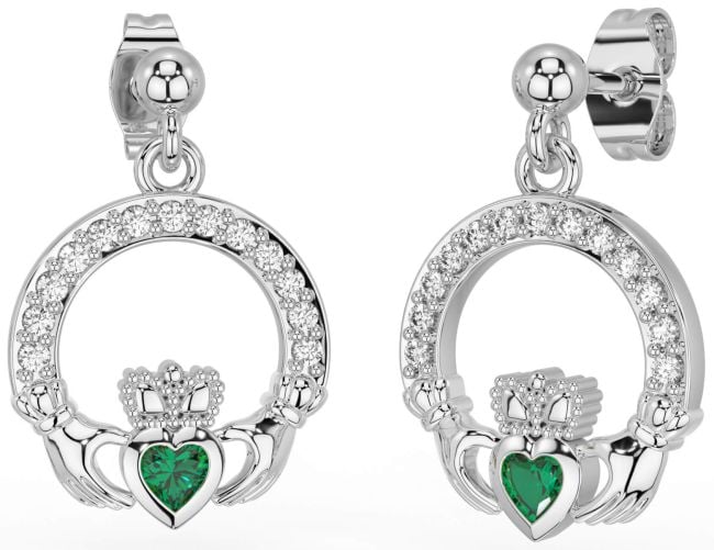 Diamond Emerald Silver Claddagh Dangle Earrings