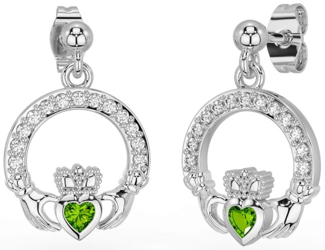 Diamond Peridot Silver Claddagh Dangle Earrings