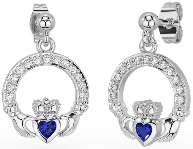 Diamond Sapphire Silver Claddagh Dangle Earrings