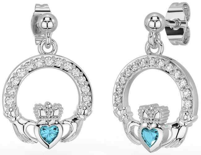 Diamond Aquamarine White Gold Claddagh Dangle Earrings