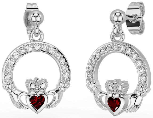 Diamond Garnet White Gold Claddagh Dangle Earrings