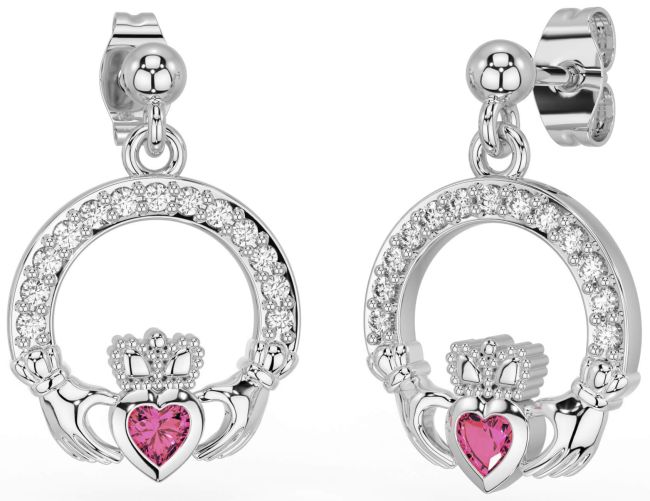 Diamond Pink Tourmaline White Gold Claddagh Dangle Earrings