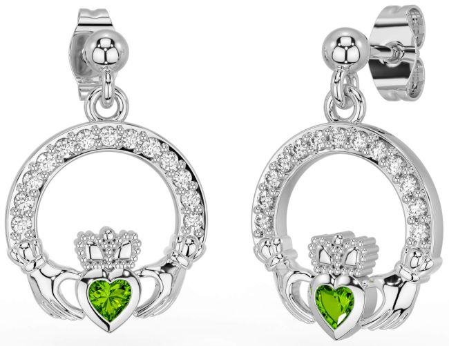 Diamond Peridot White Gold Claddagh Dangle Earrings