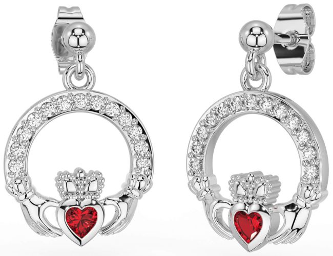 Diamond Ruby White Gold Claddagh Dangle Earrings