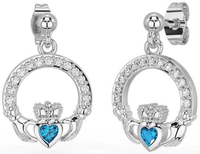 Diamond Topaz White Gold Claddagh Dangle Earrings
