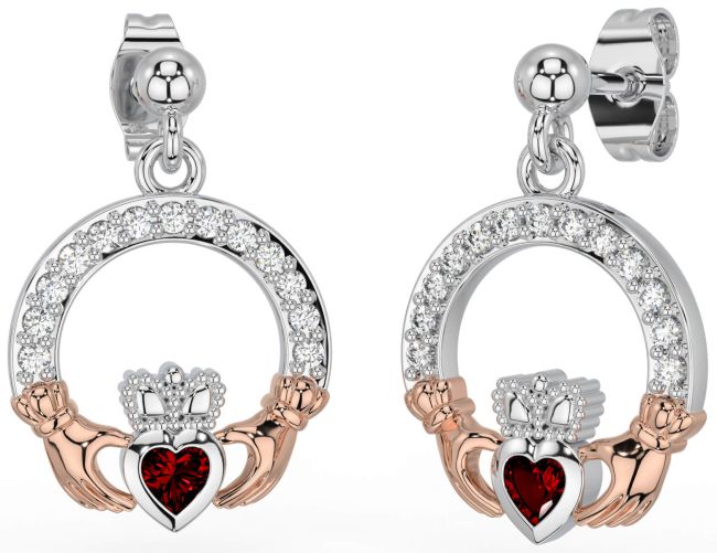 Diamond Garnet White Rose Gold Claddagh Dangle Earrings