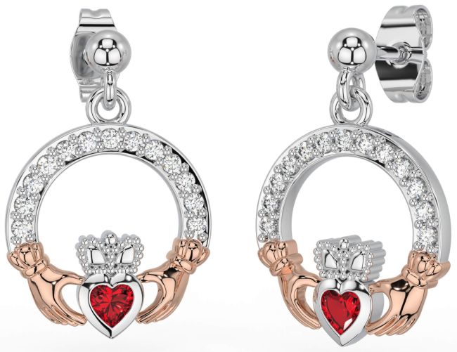 Diamond Ruby White Rose Gold Claddagh Dangle Earrings