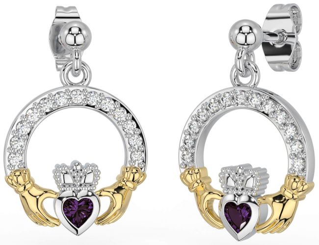 Diamond Alexandrite White Yellow Gold Claddagh Dangle Earrings