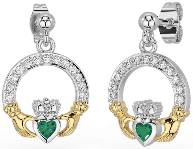 Diamond Emerald White Yellow Gold Claddagh Dangle Earrings