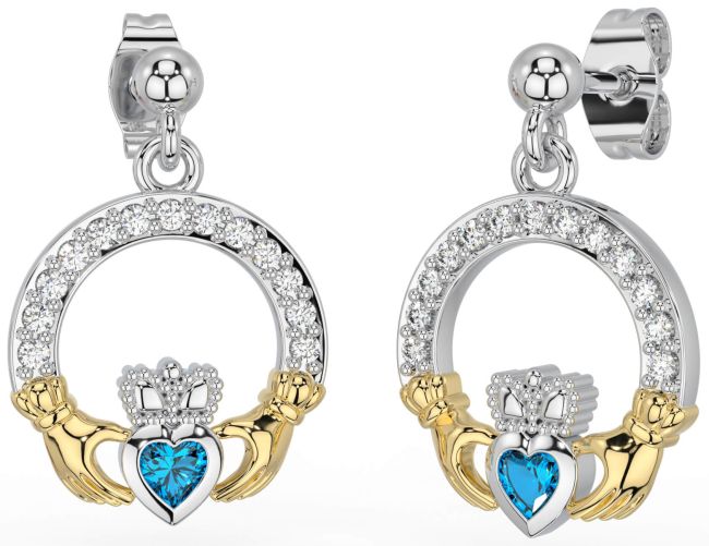 Diamond Topaz White Yellow Gold Claddagh Dangle Earrings