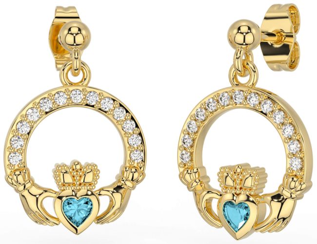 Diamond Aquamarine Gold Claddagh Dangle Earrings