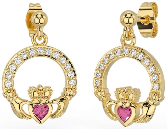 Diamond Pink Tourmaline Gold Claddagh Dangle Earrings
