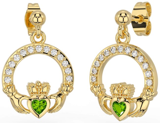 Diamond Peridot Gold Claddagh Dangle Earrings