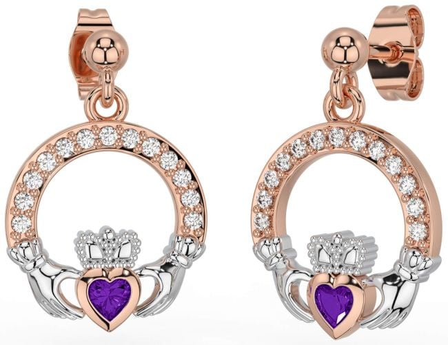 Diamond Amethyst Rose Gold Silver Claddagh Dangle Earrings