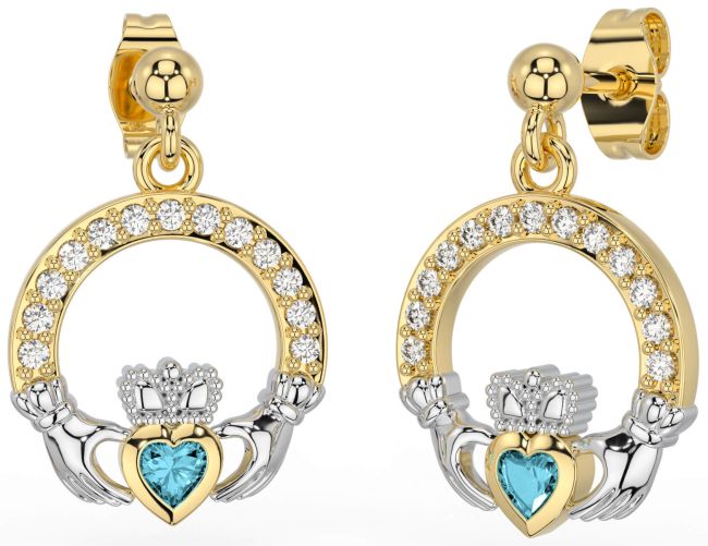 Diamond Aquamarine Gold Silver Claddagh Dangle Earrings
