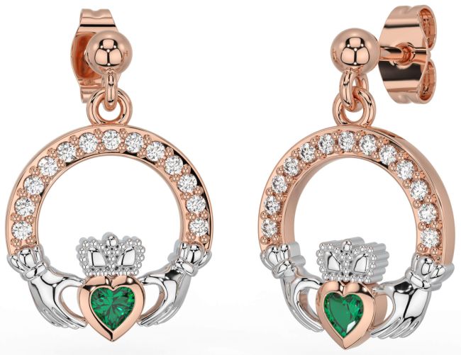 Diamond Emerald White Rose Gold Claddagh Dangle Earrings