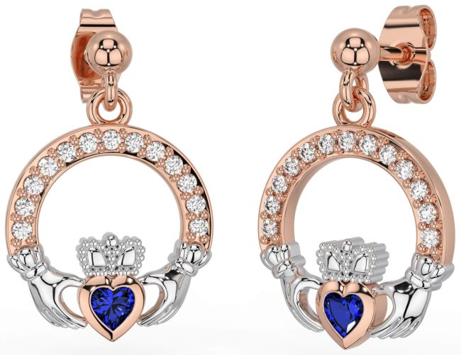 Diamond Sapphire White Rose Gold Claddagh Dangle Earrings