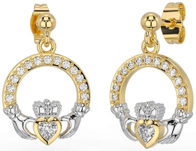 Diamond White Yellow Gold Claddagh Dangle Earrings