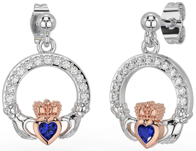 Diamond Sapphire Rose Gold Silver Claddagh Dangle Earrings
