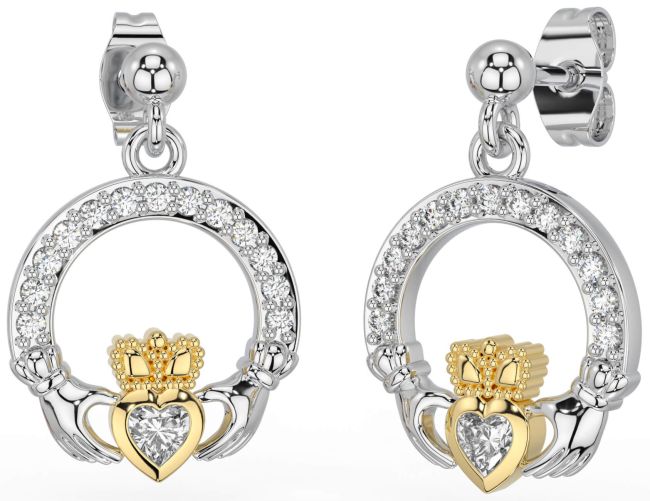 Diamond Gold Silver Claddagh Dangle Earrings