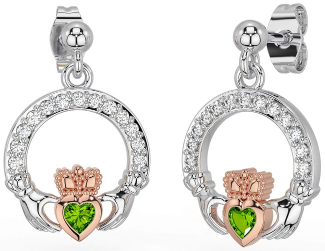 Diamond Peridot Rose Gold Silver Claddagh Dangle Earrings