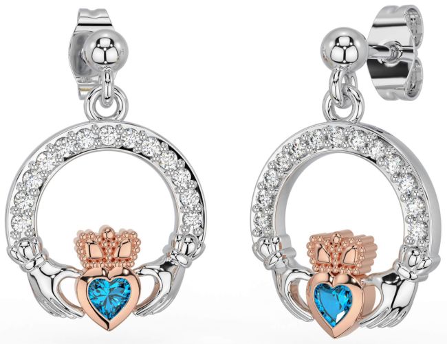 Diamond Topaz Rose Gold Silver Claddagh Dangle Earrings