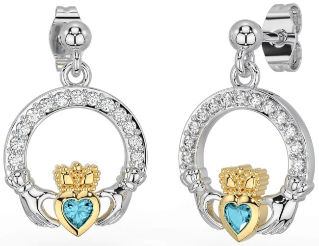 Diamond Aquamarine Gold Silver Claddagh Dangle Earrings