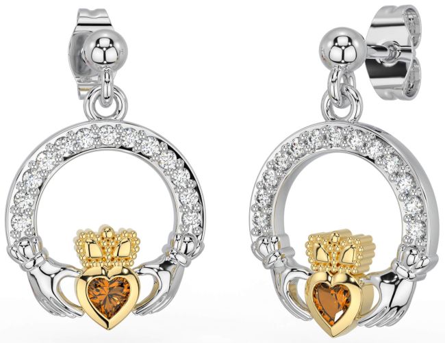 Diamond Citrine Gold Silver Claddagh Dangle Earrings