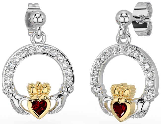Diamond Garnet Gold Silver Claddagh Dangle Earrings
