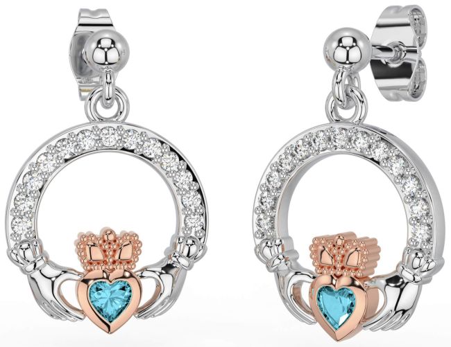 Diamond Aquamarine White Rose Gold Claddagh Dangle Earrings