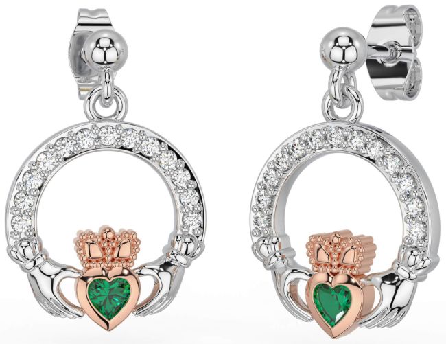 Diamond Emerald White Rose Gold Claddagh Dangle Earrings