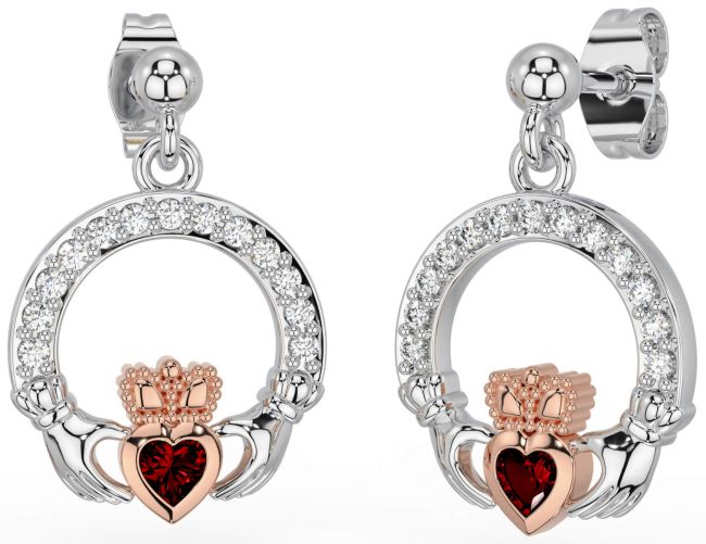 Diamond Garnet White Rose Gold Claddagh Dangle Earrings