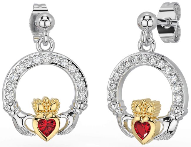Diamond Ruby White Yellow Gold Claddagh Dangle Earrings
