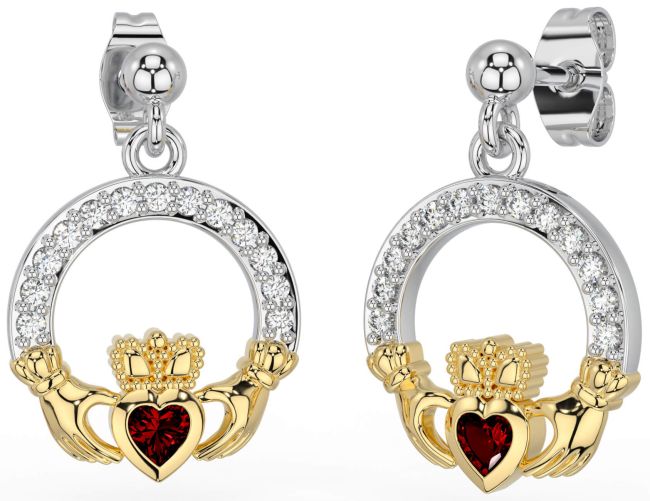 Diamond Garnet Gold Silver Claddagh Dangle Earrings