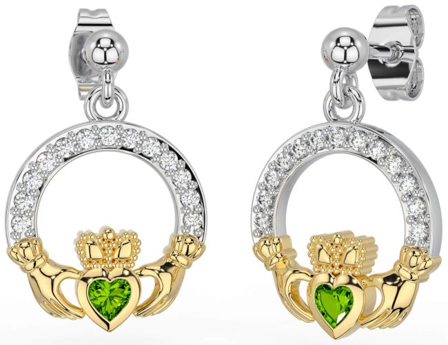 Diamond Peridot Gold Silver Claddagh Dangle Earrings