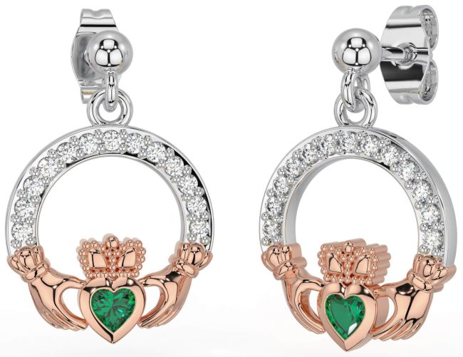 Diamond Emerald White Rose Gold Claddagh Dangle Earrings