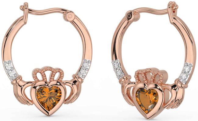 Diamond Citrine Rose Gold Silver Claddagh Hoop Earrings