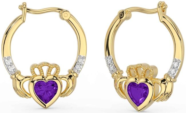 Diamond Amethyst Gold Silver Claddagh Hoop Earrings