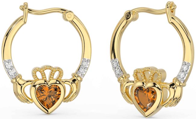 Diamond Citrine Gold Silver Claddagh Hoop Earrings