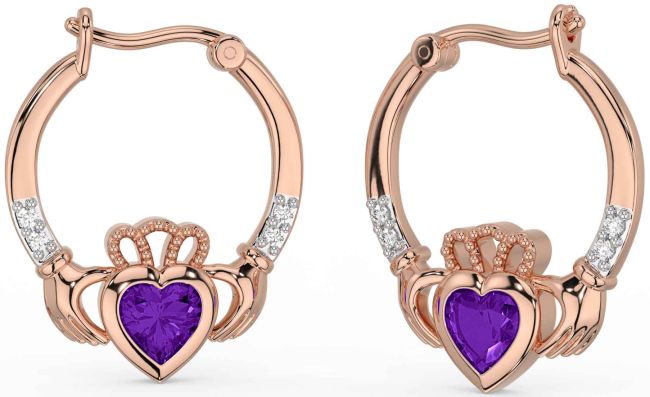 Diamond Amethyst Rose Gold Claddagh Hoop Earrings