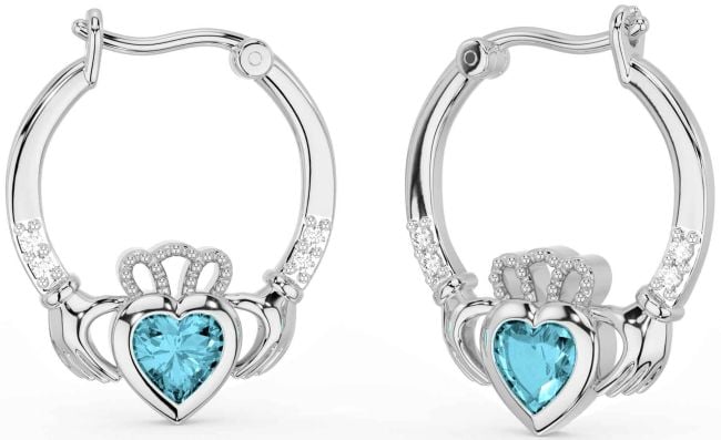 Diamond Aquamarine Silver Claddagh Hoop Earrings