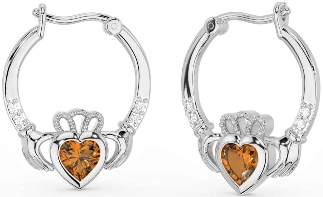 Diamond Citrine Silver Claddagh Hoop Earrings