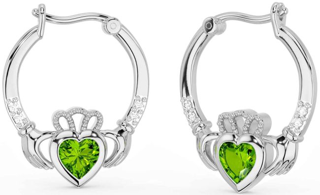 Diamond Peridot Silver Claddagh Hoop Earrings