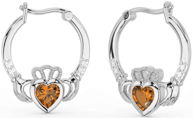 Diamond Citrine White Gold Claddagh Hoop Earrings