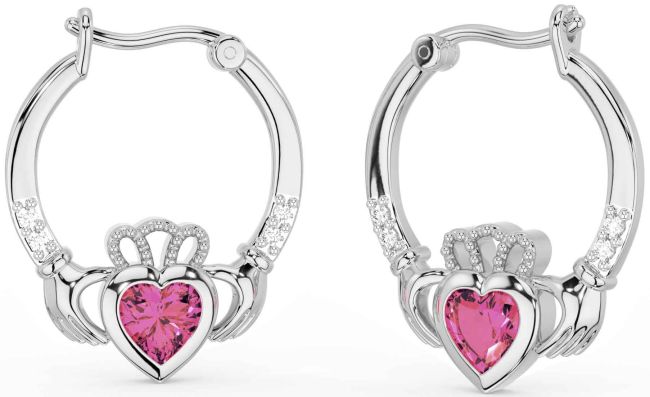 Diamond Pink Tourmaline White Gold Claddagh Hoop Earrings